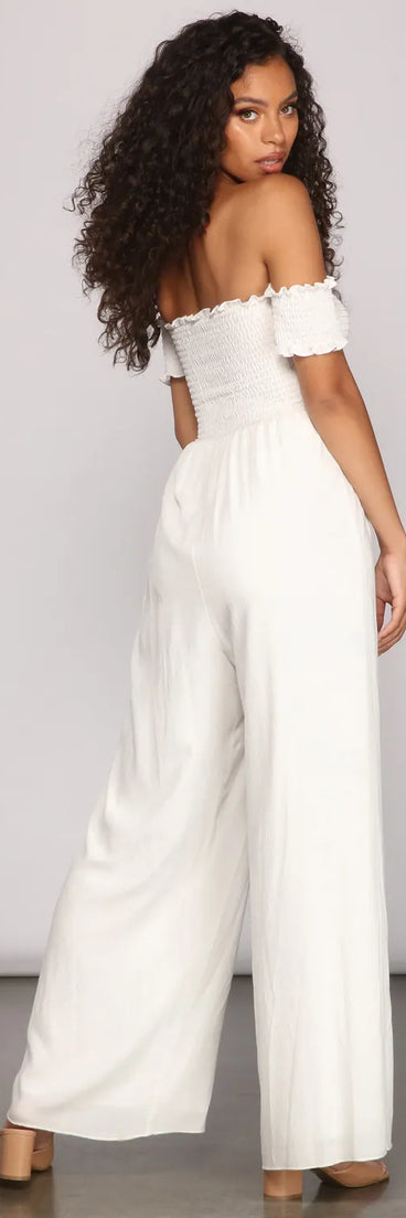 Vacay Bound Off The Shoulder Smocked Jumpsuit