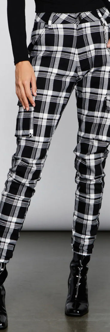 High Waist Plaid Joggers With Chain