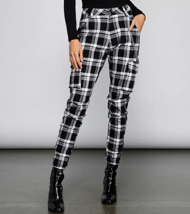 High Waist Plaid Joggers With Chain