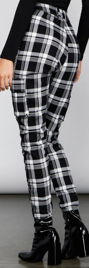 High Waist Plaid Joggers With Chain