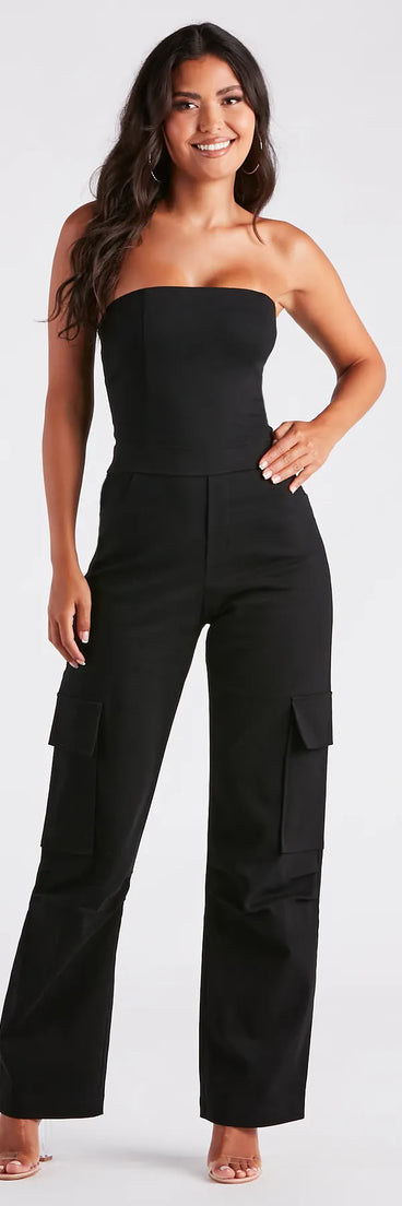 New Vibe Strapless Denim Cargo Jumpsuit