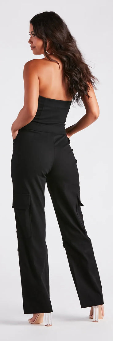 New Vibe Strapless Denim Cargo Jumpsuit