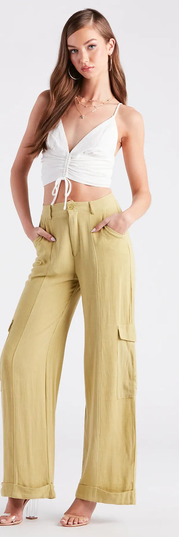 Coastal Drive Linen Wide-Leg Cargo Pants