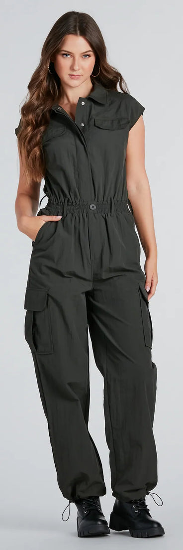 Street Style Sleeveless Cargo Jumpsuit