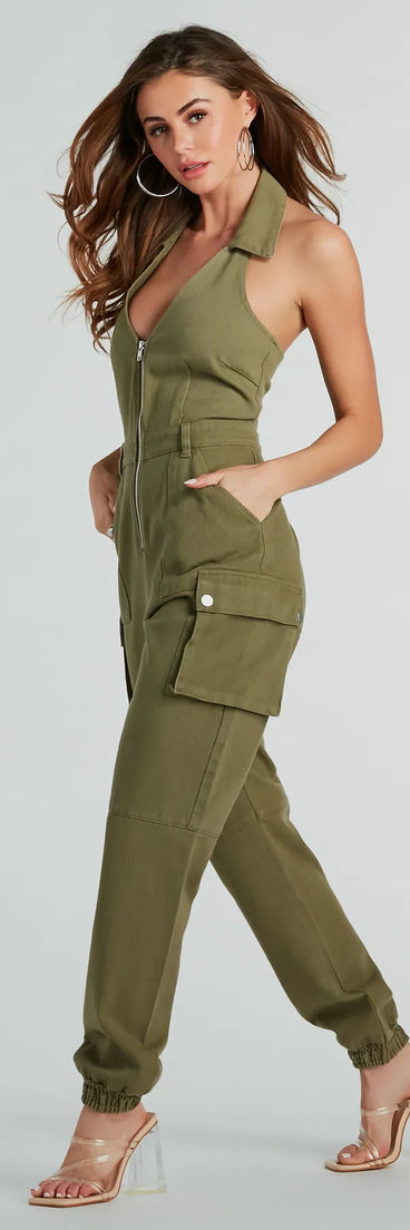 On The Hit List Halter Cargo Jogger Denim Jumpsuit