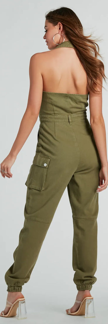 On The Hit List Halter Cargo Jogger Denim Jumpsuit