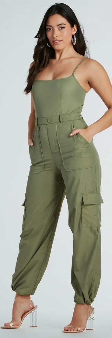 Casual Getaway Sleeveless Nylon Cargo Jumpsuit