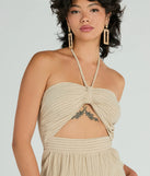 Make a statement with the Coastal Cutie Halter Cutout Striped Linen Jumpsuit, women's taupe jumpsuit featuring stylish fits and glam finishes, perfect for a trendy outfit of the day or seasonal celebrations.