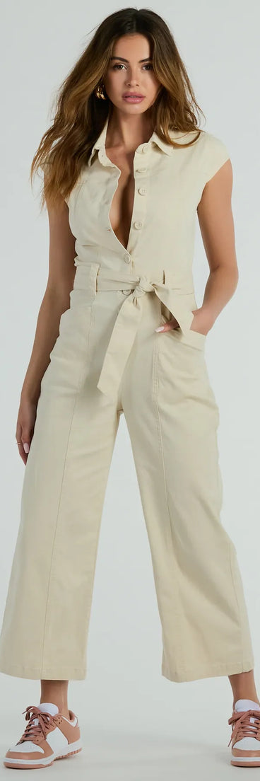Aviator Babe Cap Sleeve Utility Wide-Leg Jumpsuit