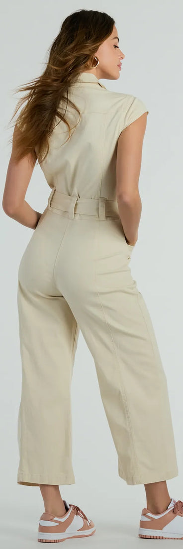 Aviator Babe Cap Sleeve Utility Wide-Leg Jumpsuit