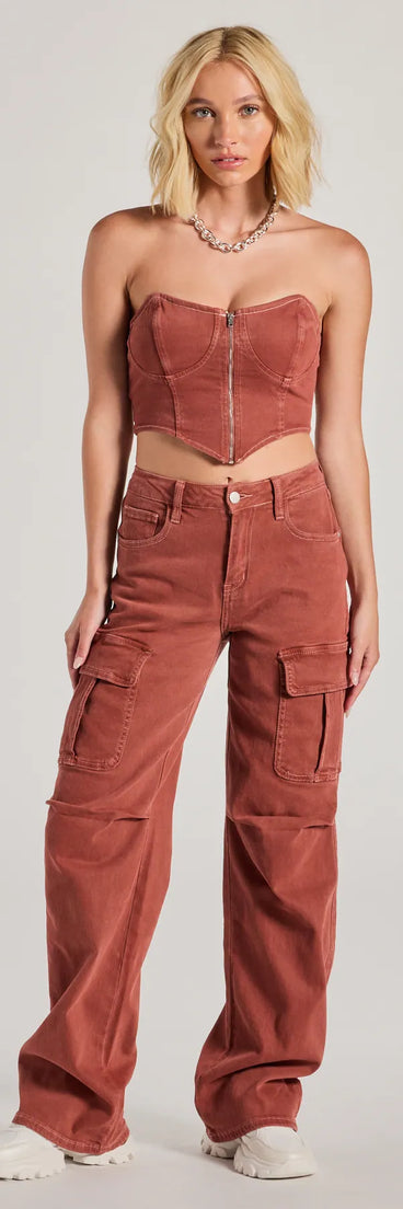 A stylish choice for adding an edgy flair to your everyday attire, the Cool Girl Vibes High Rise Cargo Denim Pants in rust are utility-inspired cargos for women that create a bold yet functional on-trend outfit.