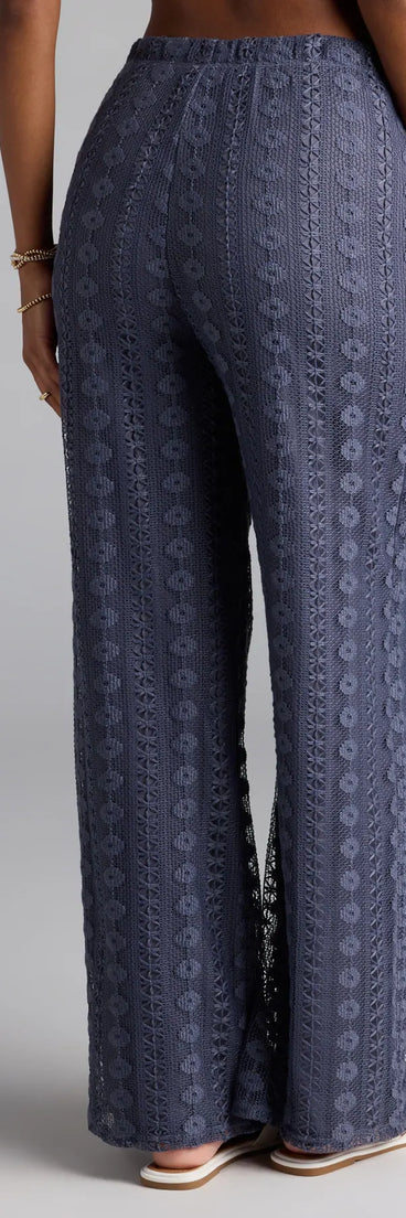 Stay polished and comfortable in the Weekend Breeze High-Rise Crochet Palazzo Pants, trendy denim blue pants for women that transition from everyday looks to weekend slay.