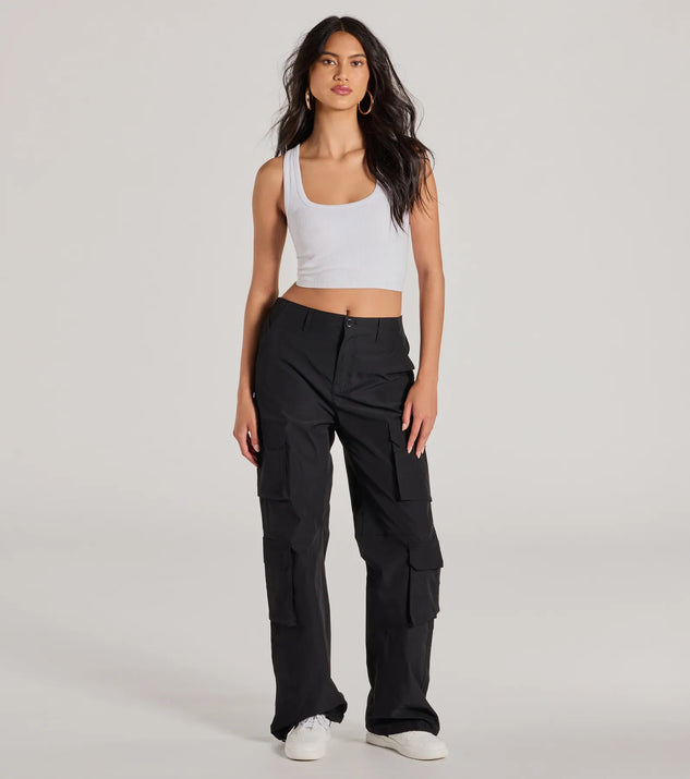 A stylish choice for adding an edgy flair to your everyday attire, the Out For The Day High-Rise Cargo Pants in black are utility-inspired cargos for women that create a bold yet functional on-trend outfit.