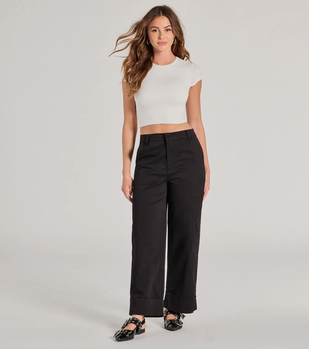 A stylish choice for adding an edgy flair to your everyday attire, the Weekend Trip High-Rise Cuffed Cargo Pants in black are utility-inspired cargos for women that create a bold yet functional on-trend outfit.