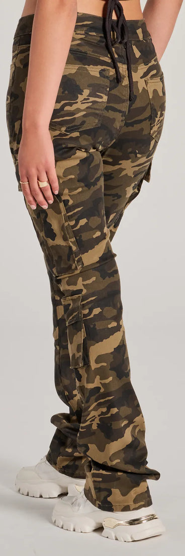 The Casual Vibe Camo Cargo Bootcut Pants is a trendy women's bottom in olive green, designed with modern details and alluring textures to complete chic outfits for 2025.