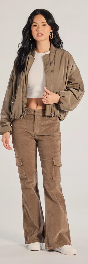 The Effortless And Cool Corduroy Cargo Flare Pants is a trendy women's bottom in olive green, designed with modern details and alluring textures to complete chic outfits for 2025.