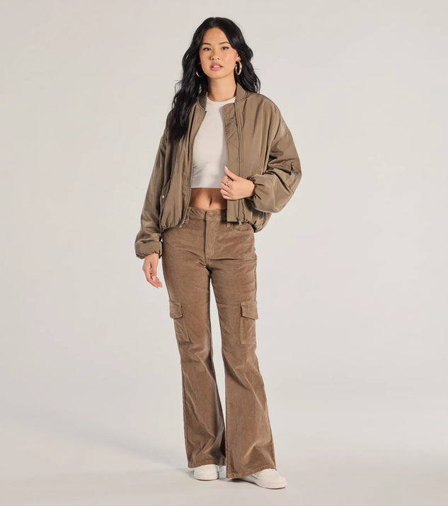 The Effortless And Cool Corduroy Cargo Flare Pants is a trendy women's bottom in olive green, designed with modern details and alluring textures to complete chic outfits for 2025.