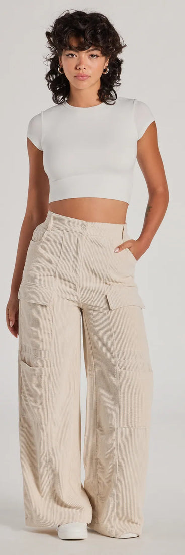 A stylish choice for adding an edgy flair to your everyday attire, the Essential High-Rise Corduroy Wide-Leg Cargo Pants in ivory are utility-inspired cargos for women that create a bold yet functional on-trend outfit.