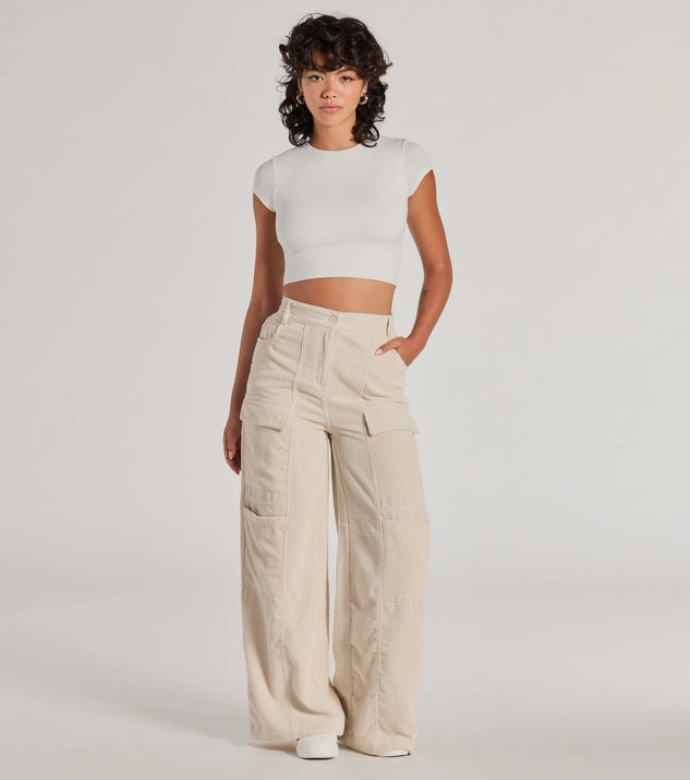A stylish choice for adding an edgy flair to your everyday attire, the Essential High-Rise Corduroy Wide-Leg Cargo Pants in ivory are utility-inspired cargos for women that create a bold yet functional on-trend outfit.