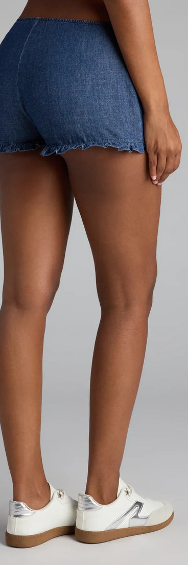 Style up your rotation with the Frill Seeker Ruffled Denim Shorts, trendy dark denim wash shorts made to anchor every outfit with attitude and ease.