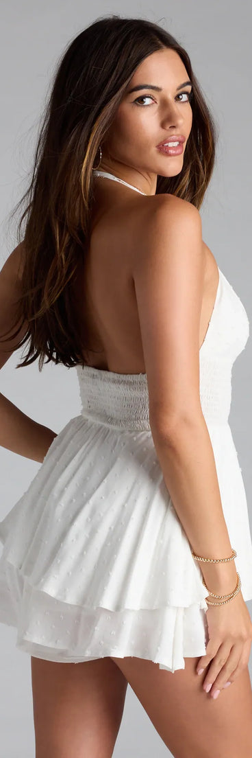 Designed for campus outfits, sleek workwear, and on-the-go moments, the Sun-Kissed Cutie Halter Plunge Flowy Romper is a trendy white bottom for women bringing effortless fall versatility.