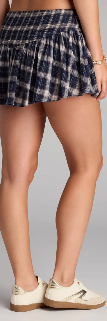 Style up your rotation with the Flirt Alert Plaid Lace-Up Mini Skirt , a trendy navy blue skirt made to anchor every outfit with attitude and ease.