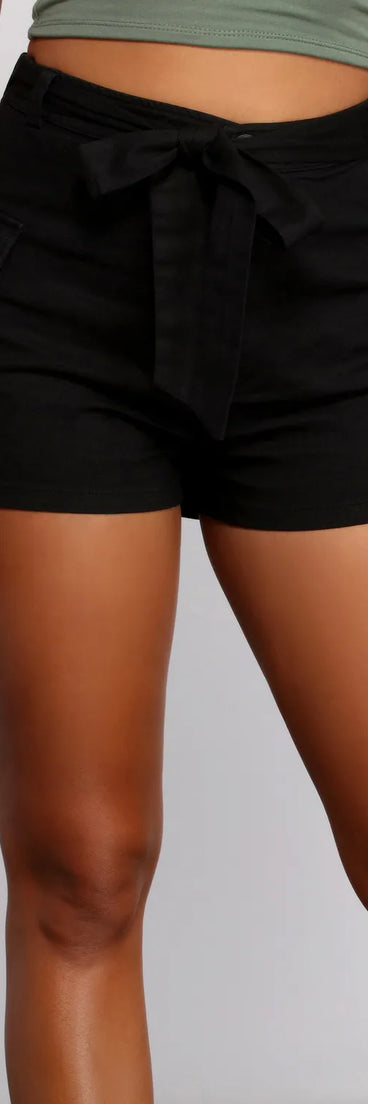 High Rise Tie Waist Twill Shorts