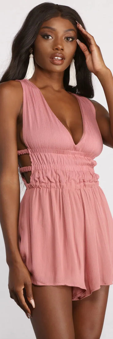 Sleeveless V Neck Waist Cut Out Gauze Knit Romper