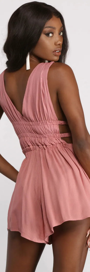 Sleeveless V Neck Waist Cut Out Gauze Knit Romper