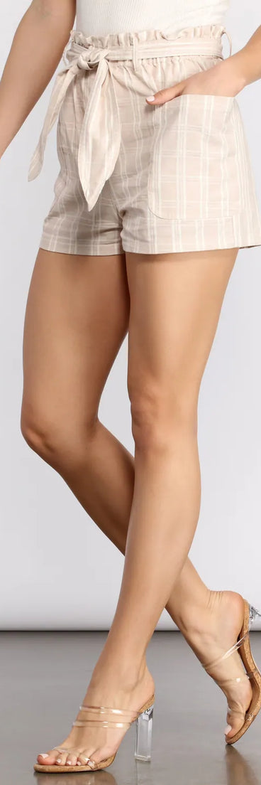 Windowpane Tie Waist Paper Bag Shorts