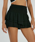 The Cheers To Sunshine Smock High Waist Ruffled Shorts is a trendy women's bottom in black, designed with modern details and alluring textures to complete chic outfits for 2025.