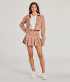 Effortlessly create party outfits or vacation-ready looks with the Practical Charm High Rise Zipper Pleated Denim Skort, one part of a versatile women's mauve matching set perfect for quick and easy outfit combinations from layering chic outfits to transitioning your look seamlessly.
