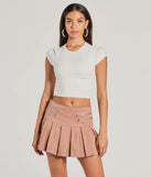 Serve effortless style and scroll-stopping energy in the Practical Charm High Rise Zipper Pleated Denim Skort, part of a mauve matching clothing set that does the work for you with bold, polished vibes from top to bottom.