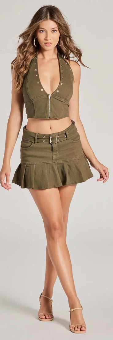 Effortlessly create party outfits or vacation-ready looks with the Absolute Edge High-Rise Belted Pleated Mini Skort, one part of a versatile women's olive matching set perfect for quick and easy outfit combinations from layering chic outfits to transitioning your look seamlessly.