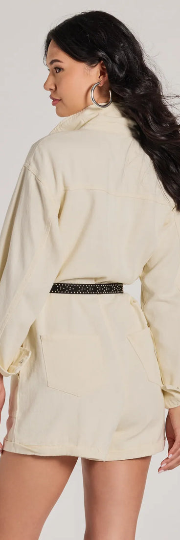 The Casually Cool Long Sleeve Denim Romper in ivory is a women's workwear piece offering a trendy style and unique accents, perfect for effortlessly creating an outfit-of-the-day look that transitions your office look to going-out ready.
