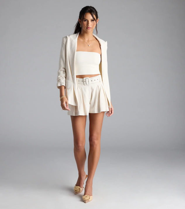 White Belted Shorts And Blazer Set Conjunto Saco Y Short Solid