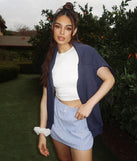 Complete your summer wardrobe with the Casual Cutie High-Rise Striped Boxer Detail Skort, a trendy skort in blue made to mix, match, and stand out.