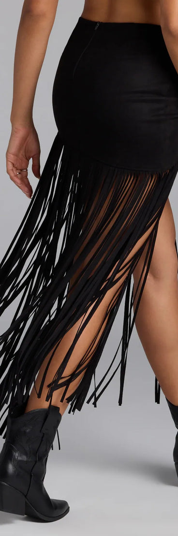 Style up your rotation with the Shake It Up Fringe Maxi Skirt , a trendy black skirt made to anchor every outfit with attitude and ease.