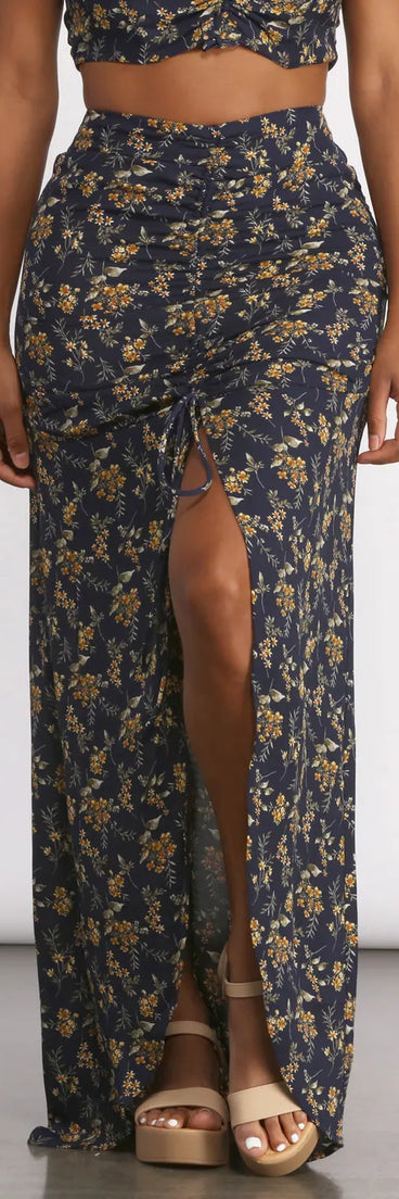 Ditsy Floral Ruched High Slit Maxi Skirt