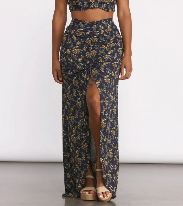 Ditsy Floral Ruched High Slit Maxi Skirt