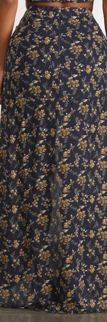 Ditsy Floral Ruched High Slit Maxi Skirt