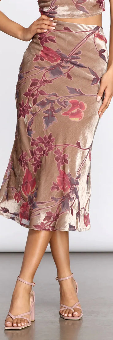 Velvet Floral Burnout Midi Skirt