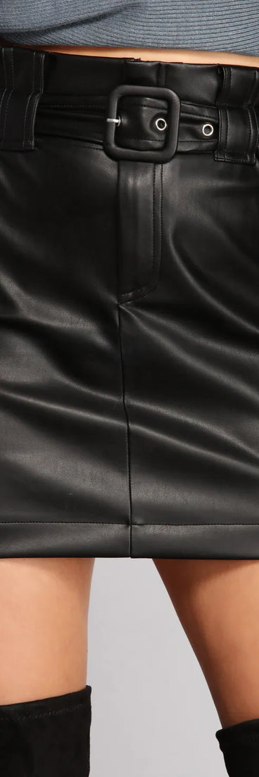 Belted Faux Leather Paper Bag Mini Skirt