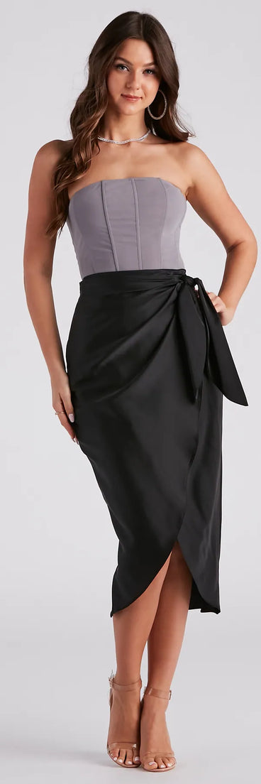 Ode To Elegance Satin Tie Midi Skirt