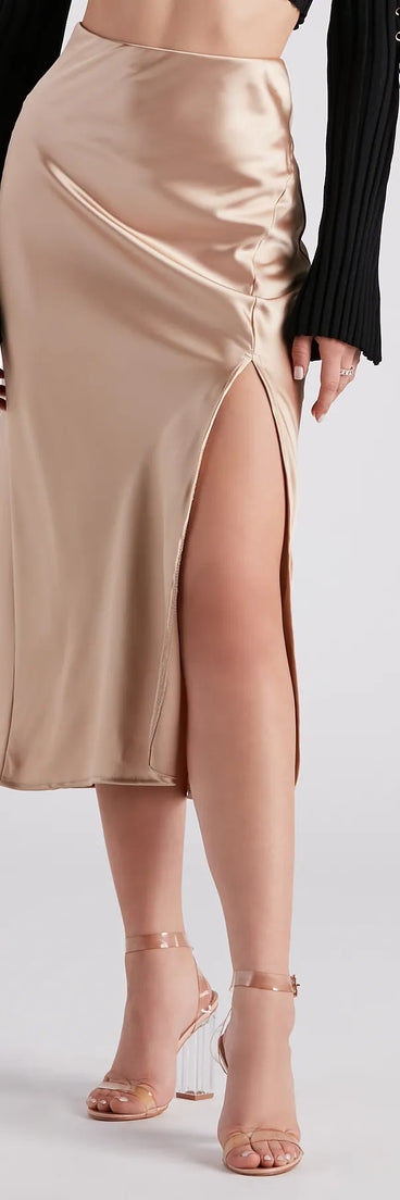 Scene Stealer High Slit Satin Midi Skirt