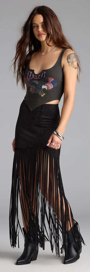 The Wild At Heart Long Fringe Skirt in black brings edge and energy to your vibe, ready to elevate any festival look or concert outfit.