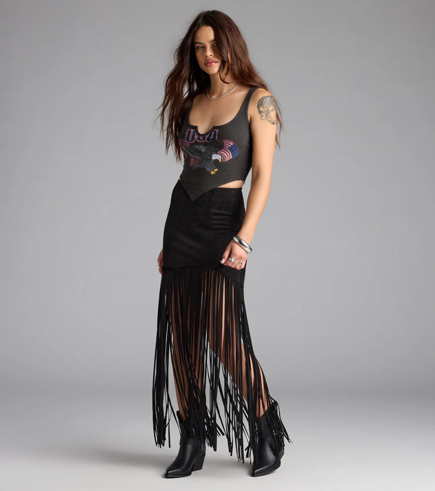 The Wild At Heart Long Fringe Skirt in black brings edge and energy to your vibe, ready to elevate any festival look or concert outfit.