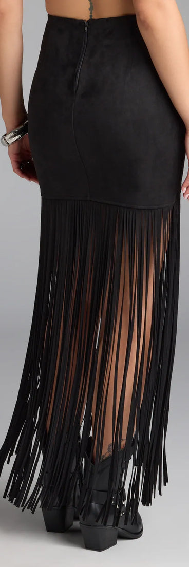 The Wild At Heart Long Fringe Skirt in black features a short, flattering cut designed to elevate your look with just the right amount of edge.