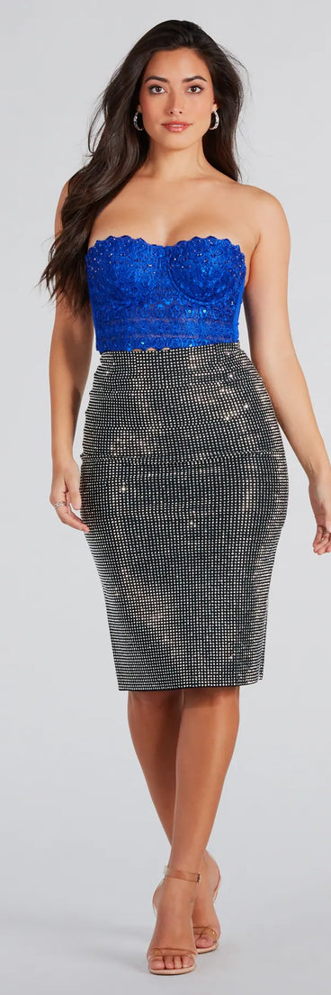 Striking Glamour Rhinestone Bodycon Midi Skirt