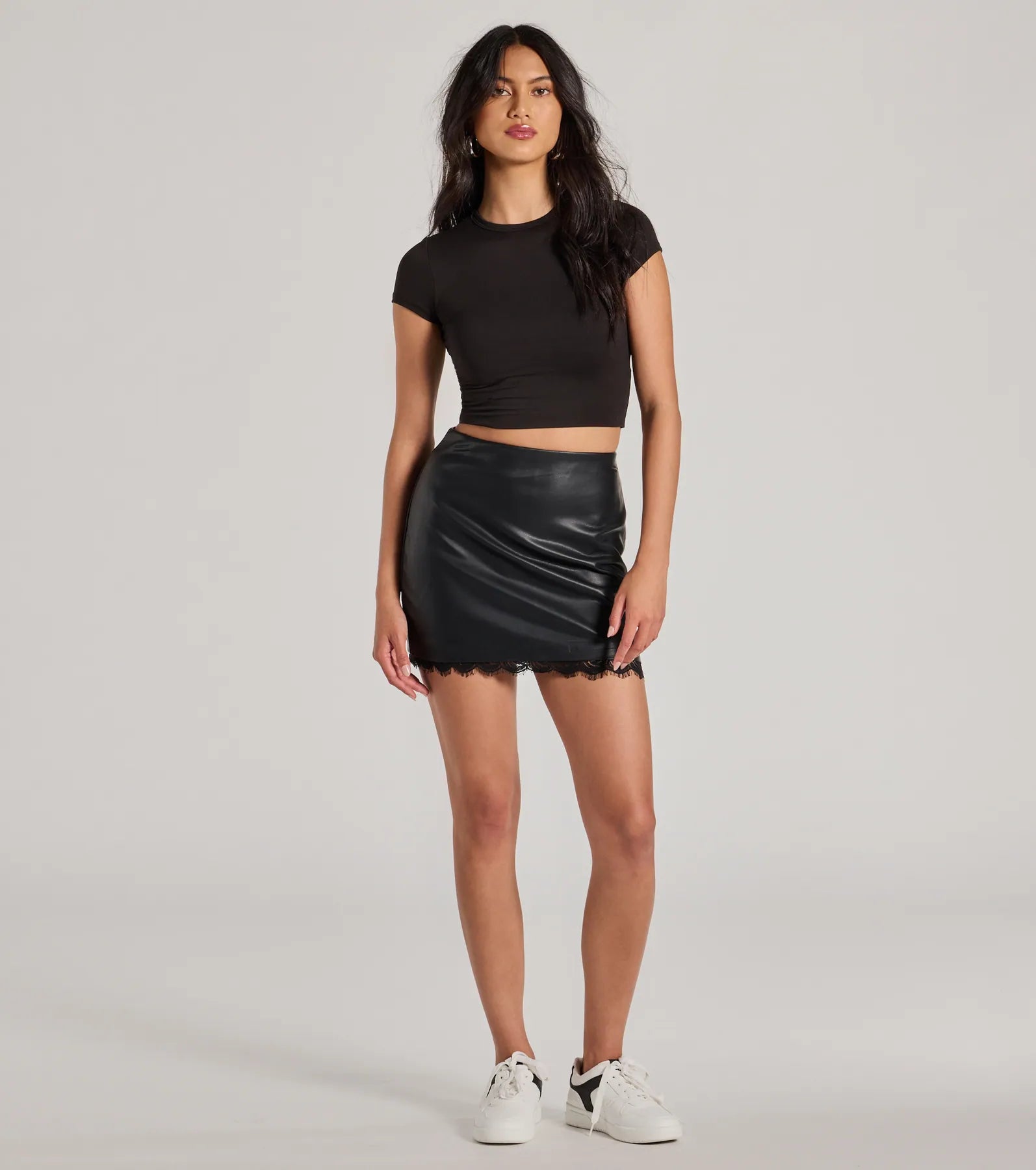 Gorgeous Design High Rise Lace Faux Leather Mini Skirt | Windsor